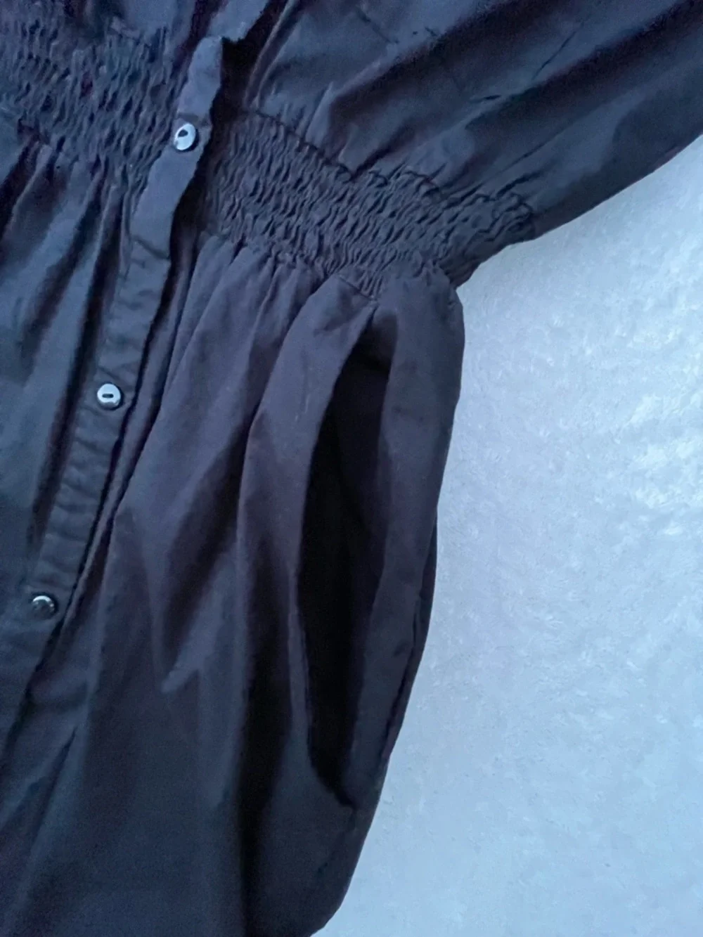 Black Button-Front Shirtdress with Smocked Waist‎